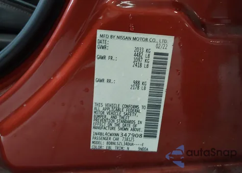 2022 Nissan Altima Sr Intelligent Awd из США, поврежденный, VIN 1N4BL4CWXNN347908